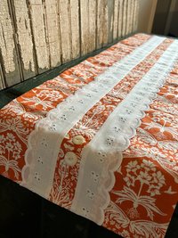 Handmade Dresser Scarf, Table Runner, Orange Botanical Style Floral w Eyelet Lace