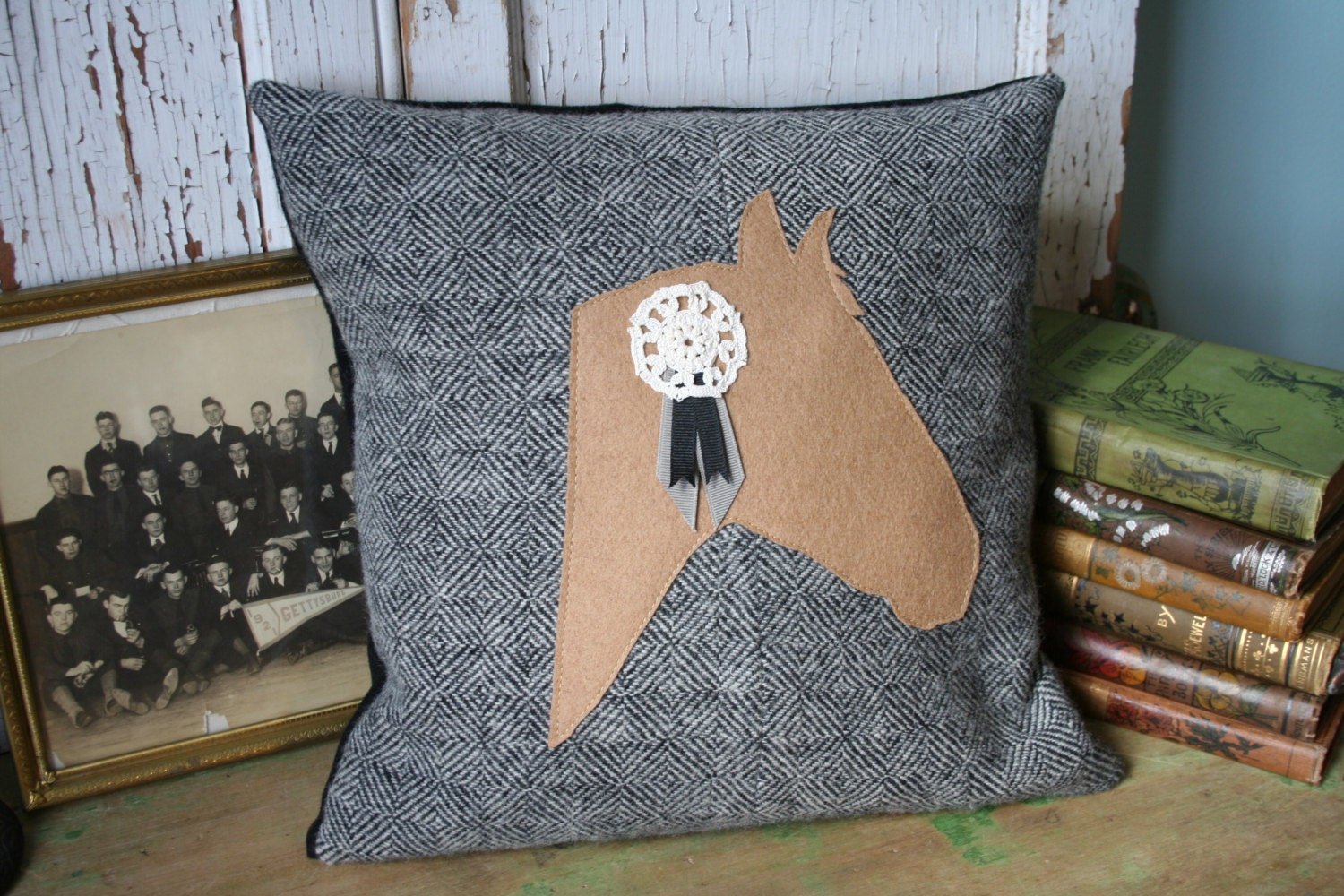 Equestrian Horse PILLOW COVER- Recycled Wool, Gray Herringbone, Vintage Lace