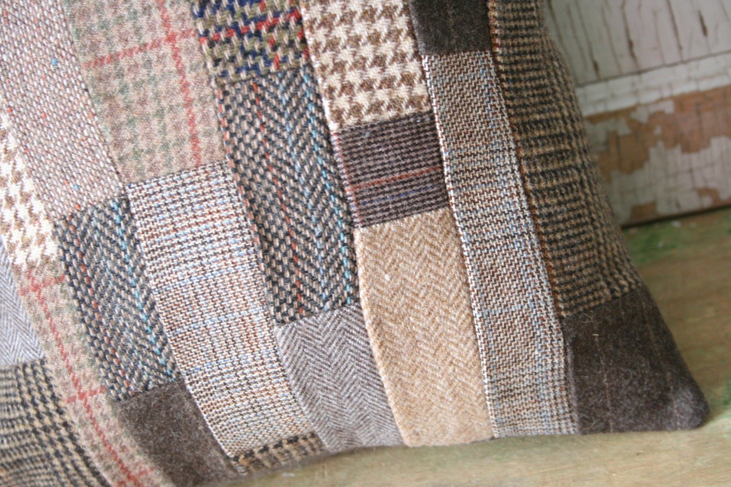 Cat Pillow Cover - Patchwork Wool Tweed Herringbone, Recycled, Handmade