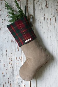 Raspberry Tweed Plaid CHRISTMAS STOCKING w/ Mother Of Pearl BUCKLE - No. 2, Handmade, Art Deco