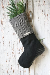 Wool Houndstooth CHRISTMAS STOCKING, Velvet, Handmade