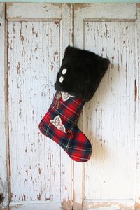 Red Plaid CHRISTMAS STOCKING, Fur Cuff, Vintage Keys, Tartan, British Style