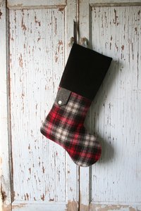 Tartan Plaid CHRISTMAS STOCKING, with Herringbone and Velvet, Lumberjack, Handmade