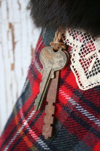 Red Plaid CHRISTMAS STOCKING, Fur Cuff, Vintage Keys, Tartan, British Style