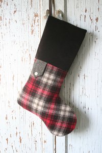 Tartan Plaid CHRISTMAS STOCKING, with Herringbone and Velvet, Lumberjack, Handmade