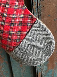 Tartan Plaid CHRISTMAS STOCKING, with Herringbone, Vintage Key, Handmade, Recycled