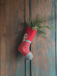 Tartan Plaid CHRISTMAS STOCKING, with Herringbone, Vintage Key, Handmade, Recycled