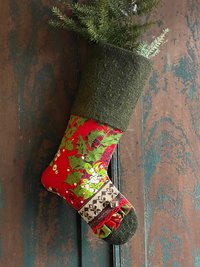 Vintage Floral Christmas STOCKING, Jingle Bell, Handmade, Recycled