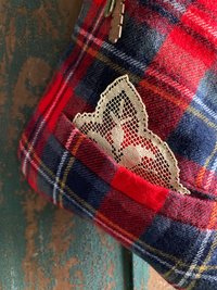 Red Plaid CHRISTMAS STOCKING, Fur Cuff, Vintage Keys, Tartan, British Style