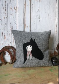 Equestrian Horse PILLOW COVER, Recycled Wool, Herringbone, Gray, Vintage Lace