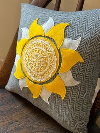 Sunshine Medallion Boho Wool Tweed PILLOW, Recycled, Vintage Lace Eco-Friendly Décor