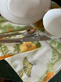 Vintage Floral Eco Friendly Luncheon Napkins, Monarch Butterflies, Orange Poppies - Set of 11