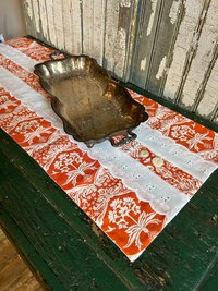 Handmade Dresser Scarf, Table Runner, Orange Botanical Style Floral w Eyelet Lace