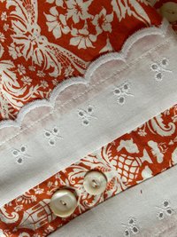 Handmade Dresser Scarf, Table Runner, Orange Botanical Style Floral w Eyelet Lace