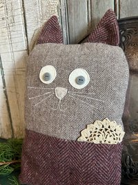 Tooth Fairy Pillow, Kitty Cat, Recycled Wool Tweed