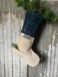 Green Tartan Christmas Stocking with Pocket, Vintage Fabrics