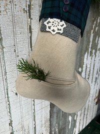 Green Tartan Christmas Stocking with Pocket, Vintage Fabrics