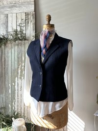 Wool Pinstriped Belted Vest, Navy Blue, Sz S/M, Eco Friendly Clothing