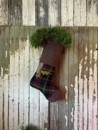 Purple Plaid, Tweed Christmas Stocking, Holly Leaves