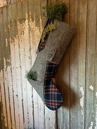 Gray Tweed, Tartan Christmas Stocking, Recycled, Eco Friendly