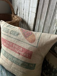 Vintage Corn Feed sack Pillow Cover, Rustic Primitive Décor