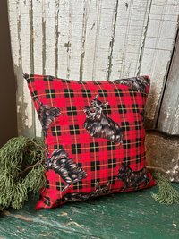 Red Tartan Plaid, Scotty Dog Pillow, Vintage Fabric