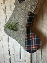 Gray Tweed, Tartan Christmas Stocking, Recycled, Eco Friendly