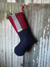 Red Tartan Plaid Christmas Stocking, Recycled Materials