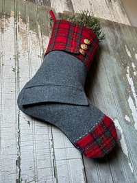 Red Tartan Plaid Christmas Stocking, Recycled Materials