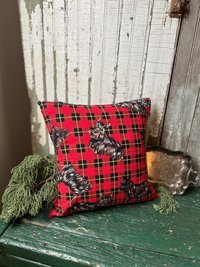 Red Tartan Plaid, Scotty Dog Pillow, Vintage Fabric