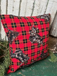 Red Tartan Plaid, Scotty Dog Pillow, Vintage Fabric