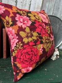 Romantic Red Floral Pillow, Vintage Barkcloth Fabric, Lace, Valentine's Day