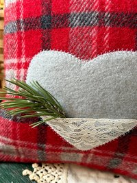 Recycled Wool Plaid Valentine Throw Pillow w Pocket