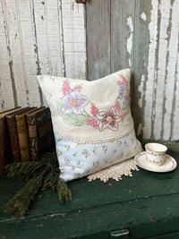 Vintage Spring Flowers Throw Pillow, Embroidery, Upcycled