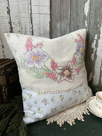 Vintage Spring Flowers Throw Pillow, Embroidery, Upcycled