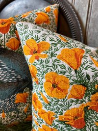 Yellow Poppies, Quail Linen Pillows, Upcycled Materials, Spring Summer Decor