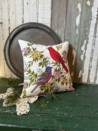 Vintage Linen Bird Pillow, Cardinal, Bluebird, Upcycled Materials
