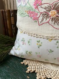 Vintage Spring Flowers Throw Pillow, Embroidery, Upcycled