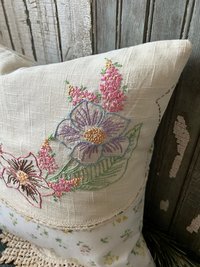 Vintage Spring Flowers Throw Pillow, Embroidery, Upcycled