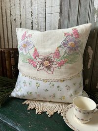 Vintage Spring Flowers Throw Pillow, Embroidery, Upcycled