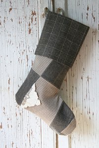 Wool Tweed Patchwork CHRISTMAS Stocking - Lace, Hounds Tooth - Handmade