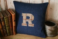 DENIM Monogram R PILLOW COVER Wool Tweed, Recycled, Handmade, Eco-Friendly Decor
