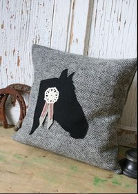 Equestrian Horse PILLOW COVER, Recycled Wool, Herringbone, Gray, Vintage Lace