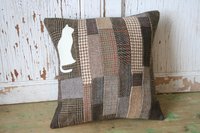 Cat Pillow Cover - Patchwork Wool Tweed Herringbone, Recycled, Handmade