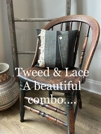 Wool Tweed Patchwork Pillow with Vintage Lace 