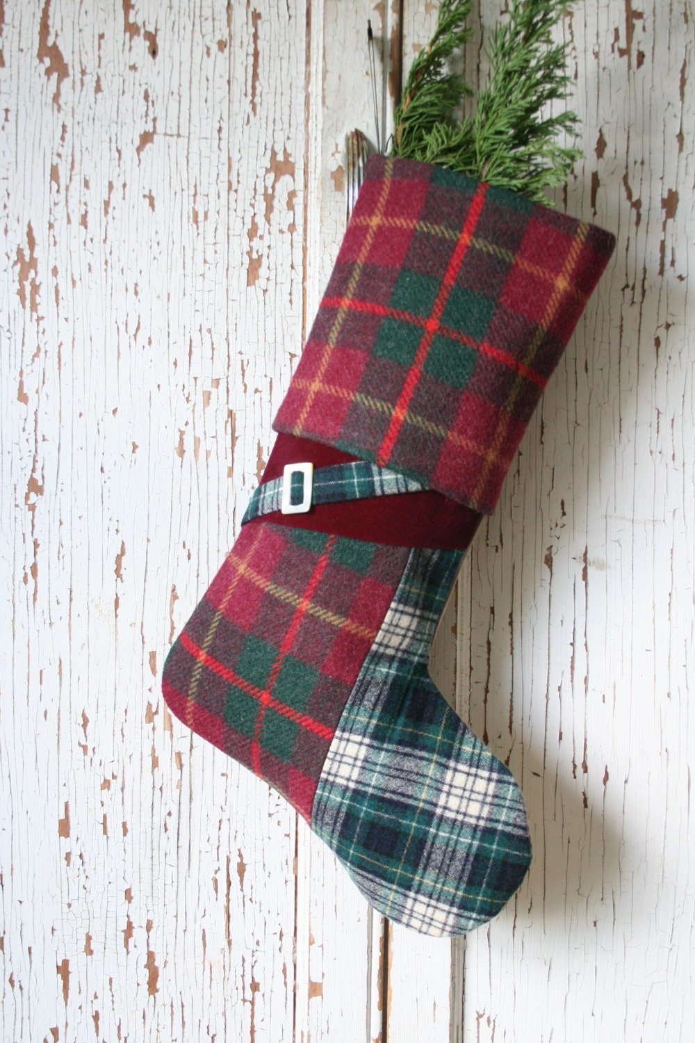 Raspberry Tweed Plaid CHRISTMAS STOCKING w/ Mother Of Pearl BUCKLE - No. 2, Handmade, Art Deco