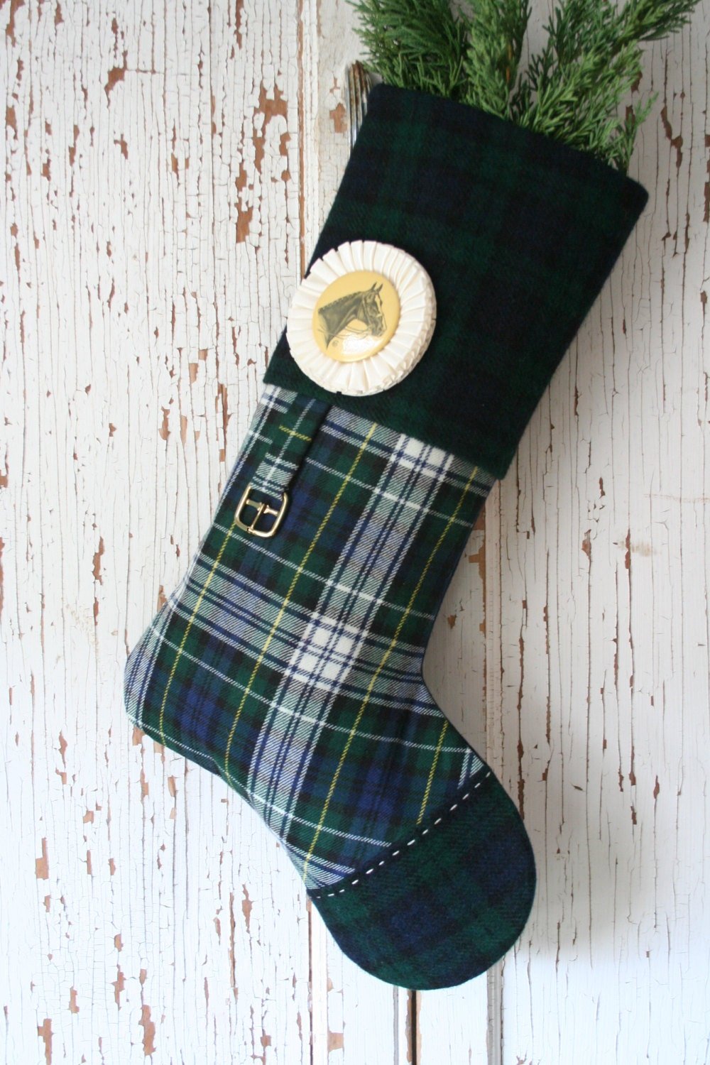 Plaid Tartan Equestrian CHRISTMAS STOCKING, Prize Ribbon Rosette, Horse, Handmade