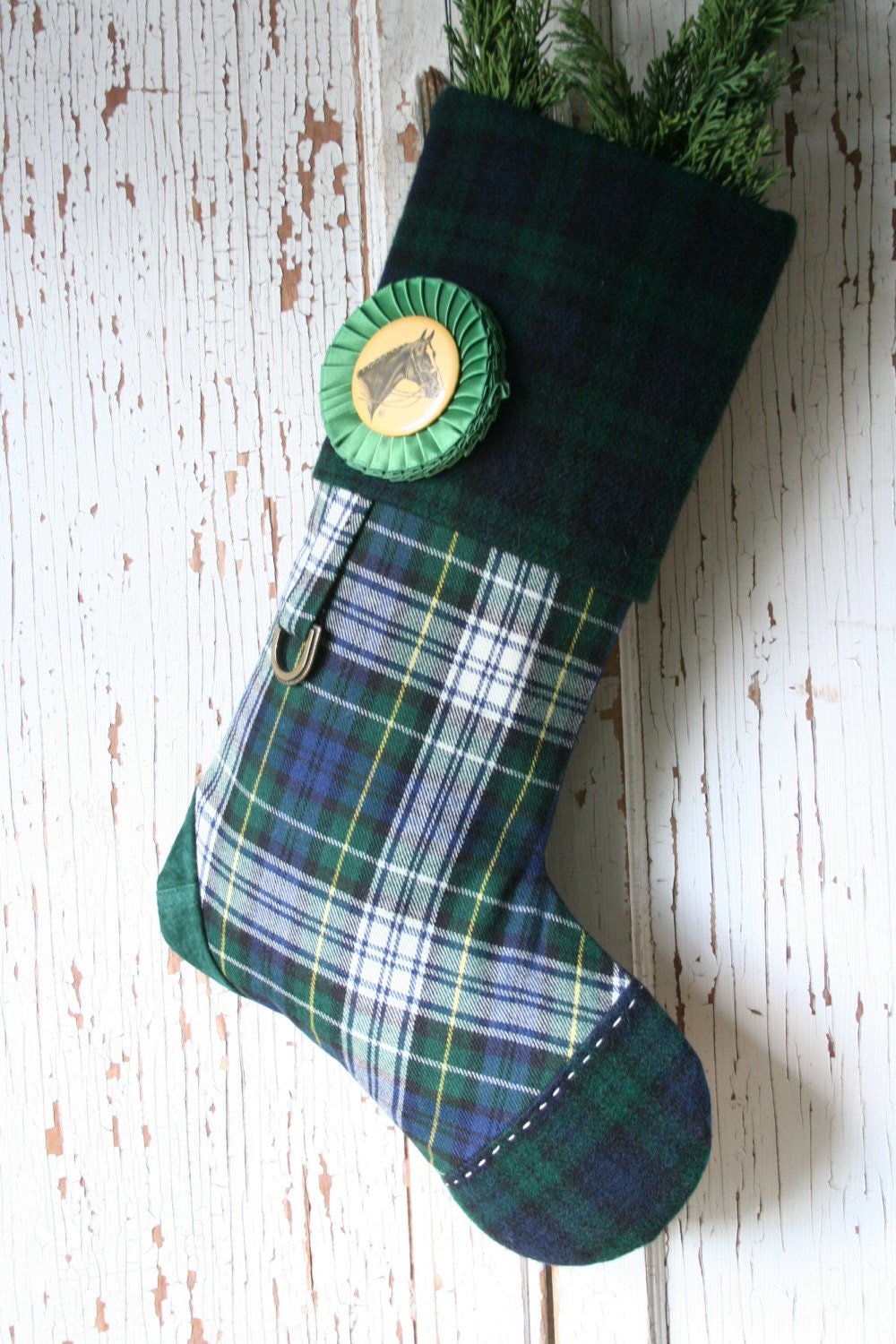 Plaid Tartan Equestrian CHRISTMAS STOCKING, with Prize Ribbon Rosette, Horse, Handmade