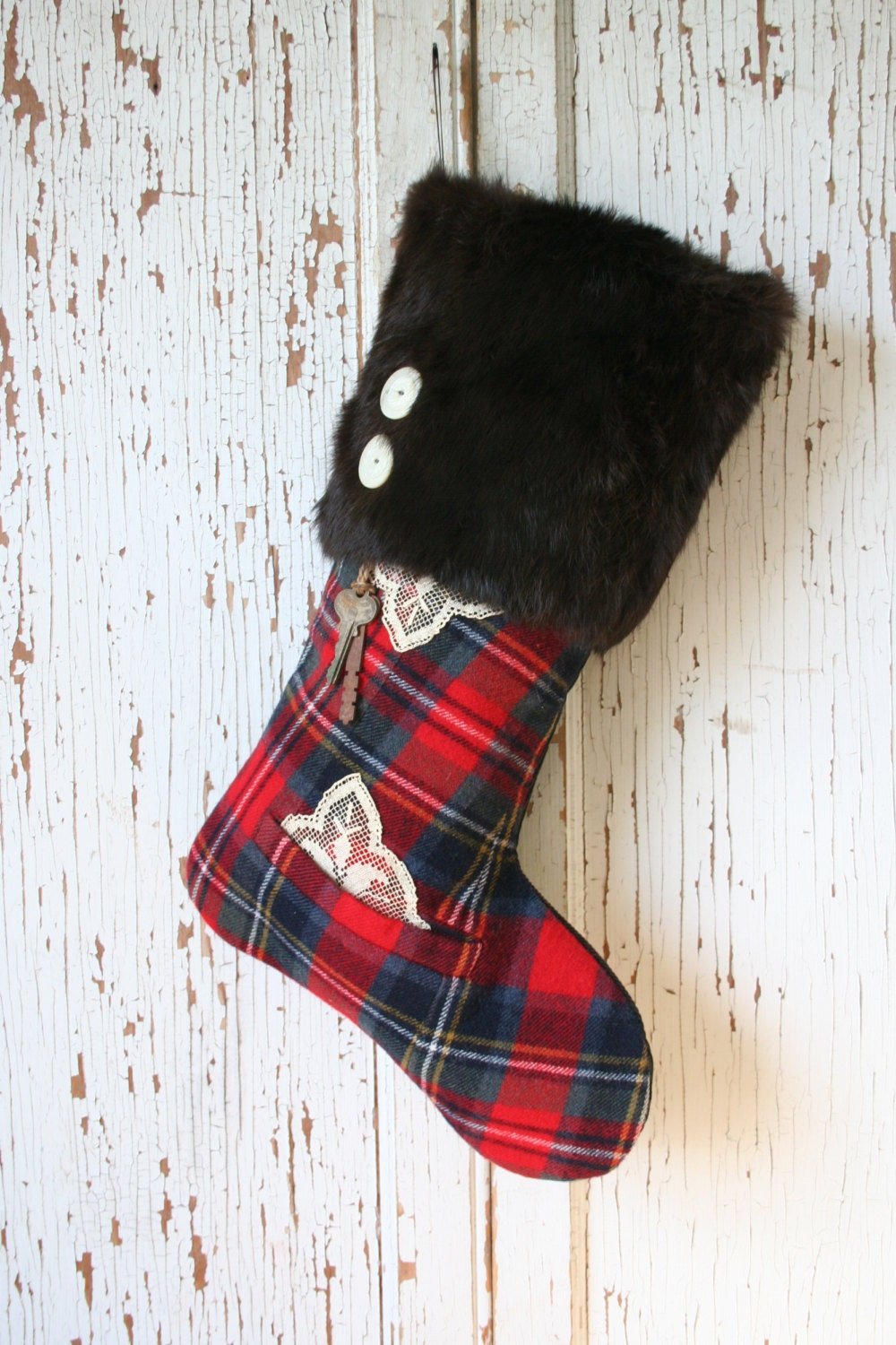 Red Plaid CHRISTMAS STOCKING, Fur Cuff, Vintage Keys, Tartan, British Style