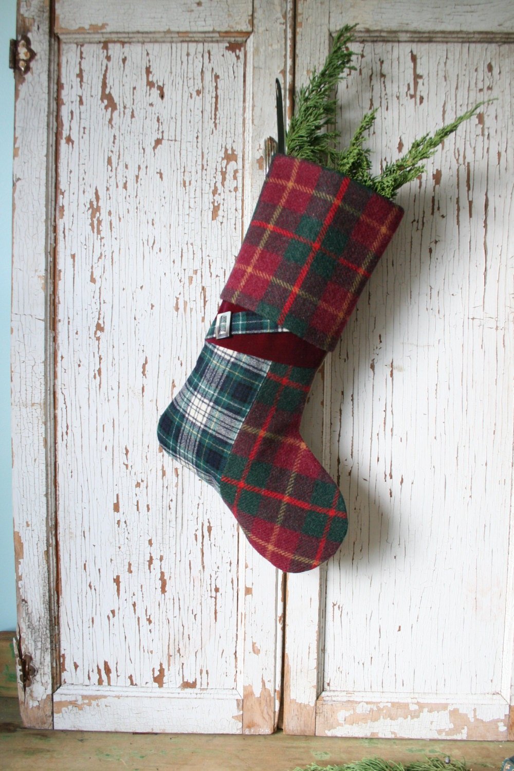 Unique Wool Tweed CHRISTMAS STOCKING w/ Mother Of Pearl BUCKLE - No. 3